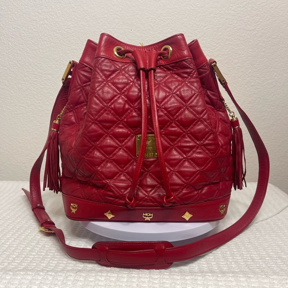 MCM Handbags - MCM Red Quilted Leather Bucket Bag
